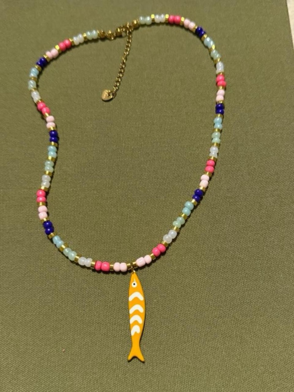 Boutique Handmade Multicolor Beaded Necklace with Orange Fish Pendant